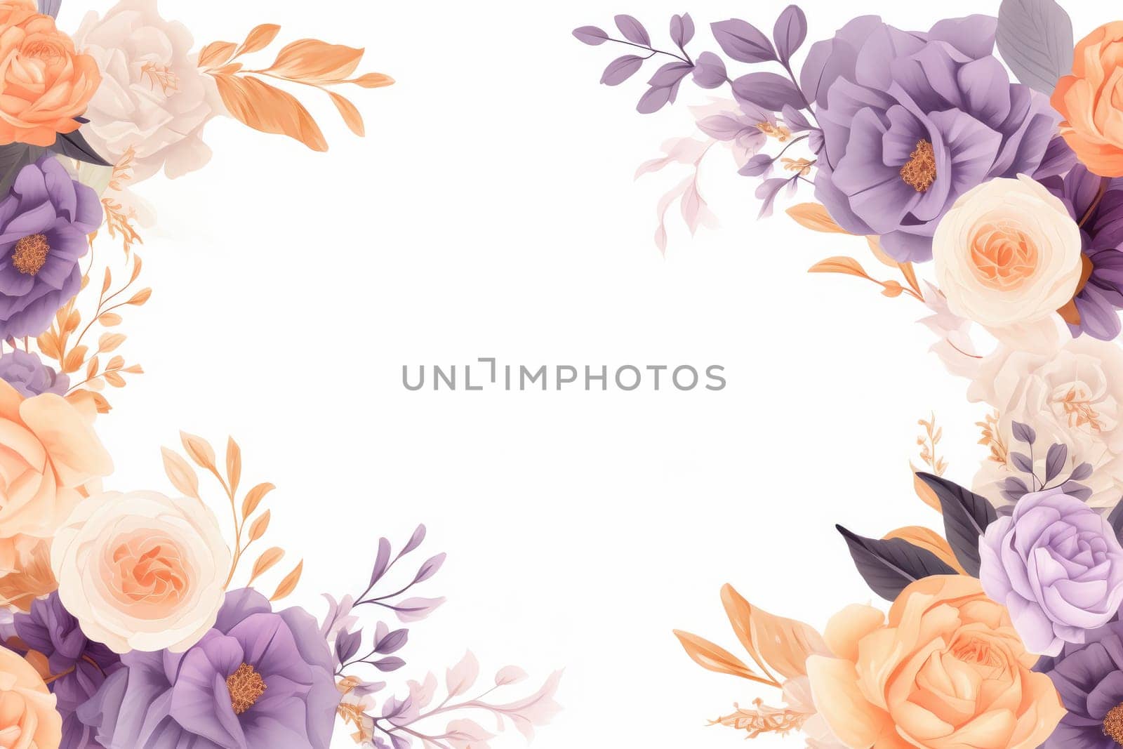 soft flower arrangements in the shape of a frame against a white background.