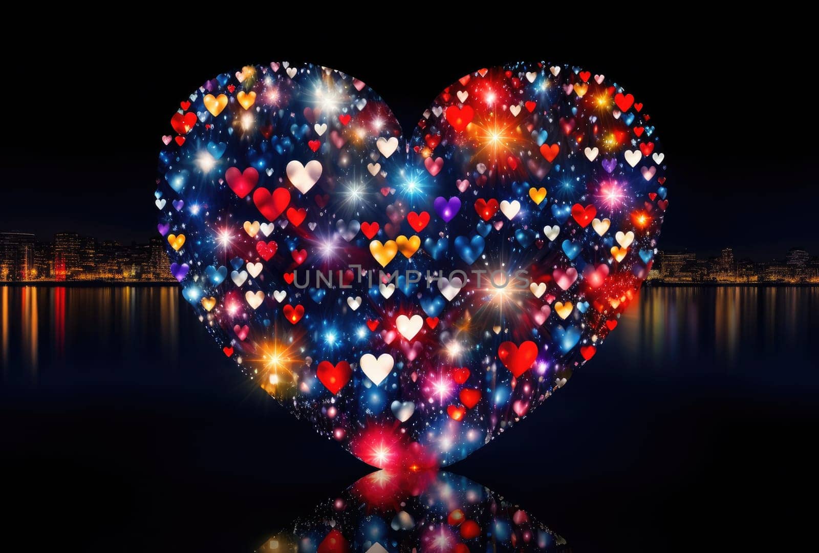 the heart shaped fireworks on the black background.
