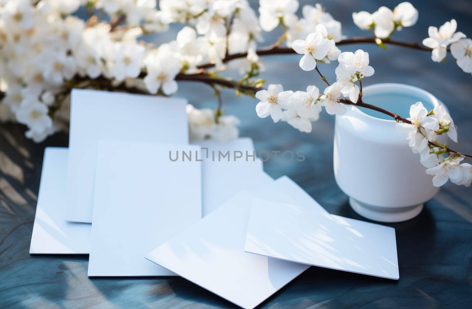 white cards sitting on a table next to white flowers.