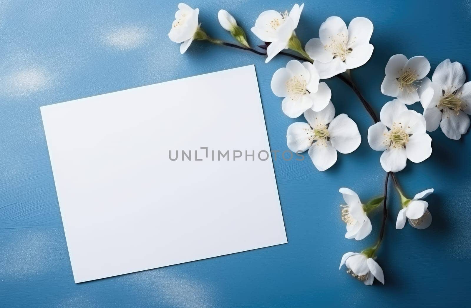 white invitations cards with flowers on a blue table.