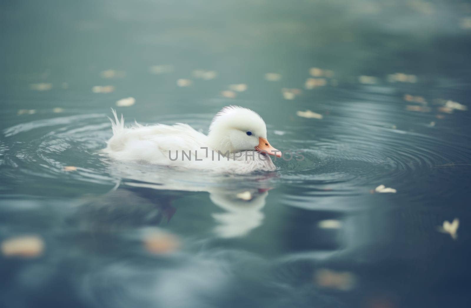 a white duck floating on the water.