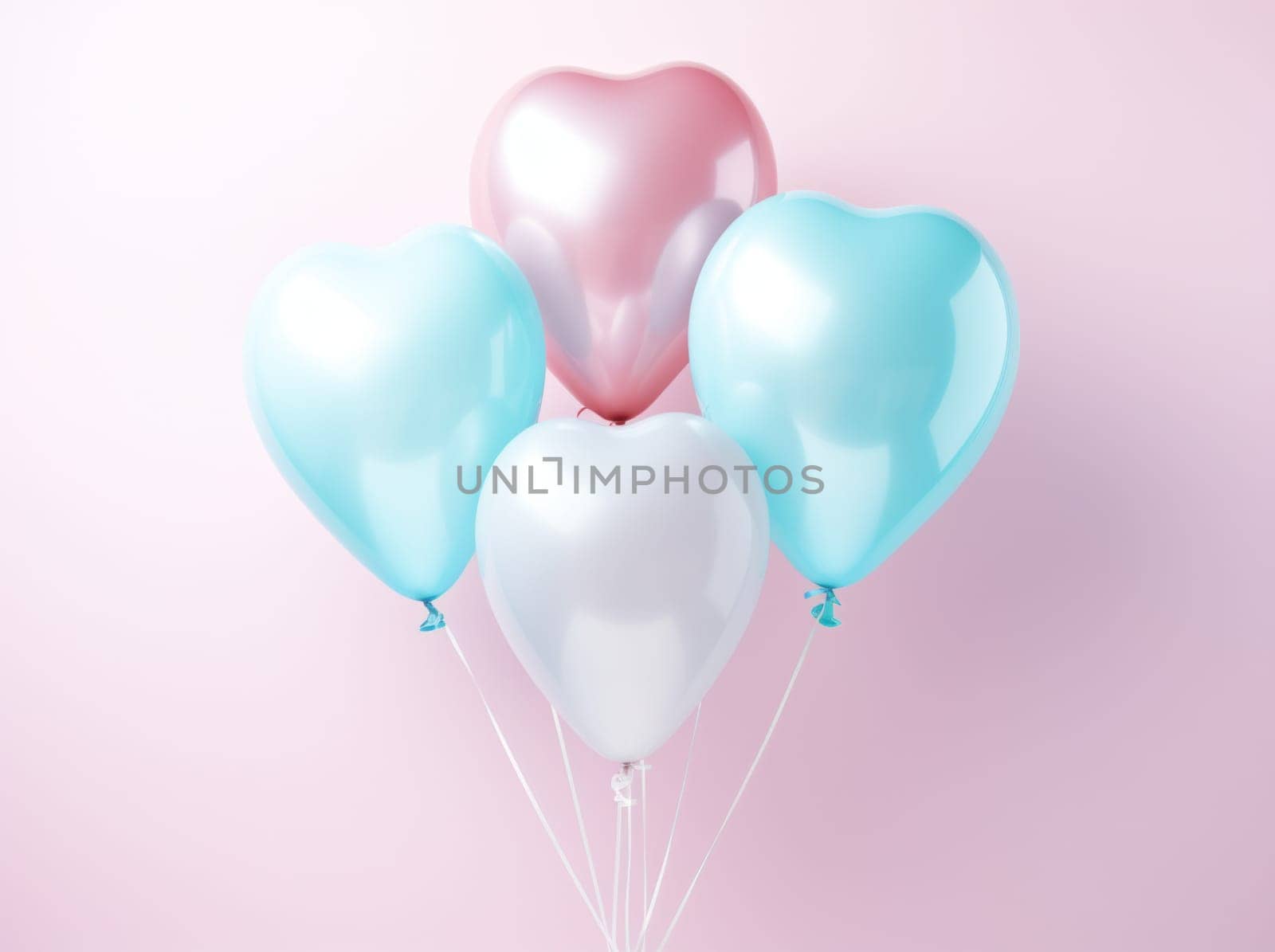 a pink and blue pink and blue balloon has four hearts on it.