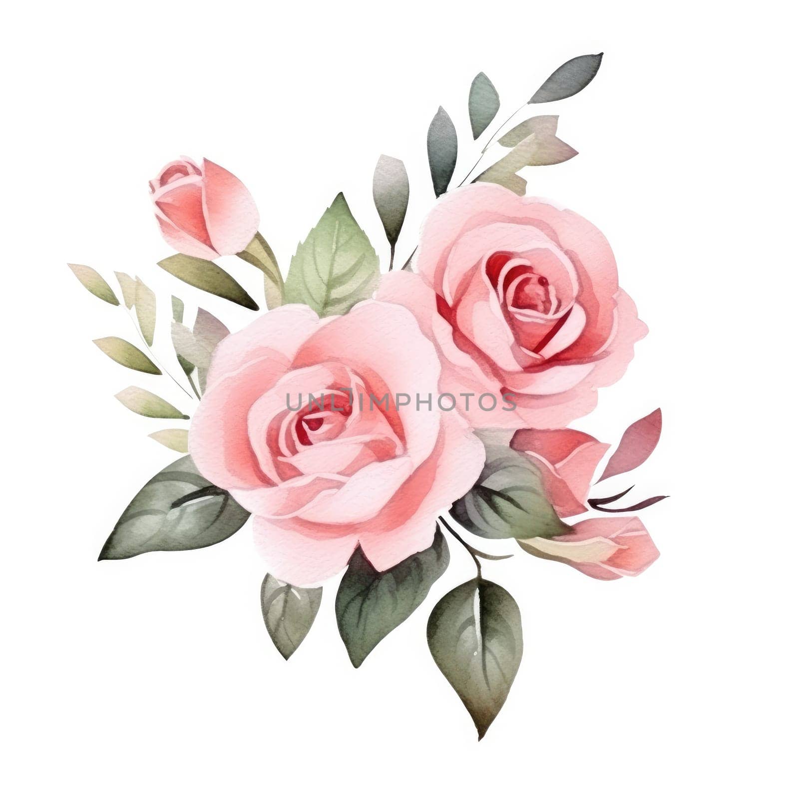 Watercolor pink rose flower and leaf bouquet clipart isolated.