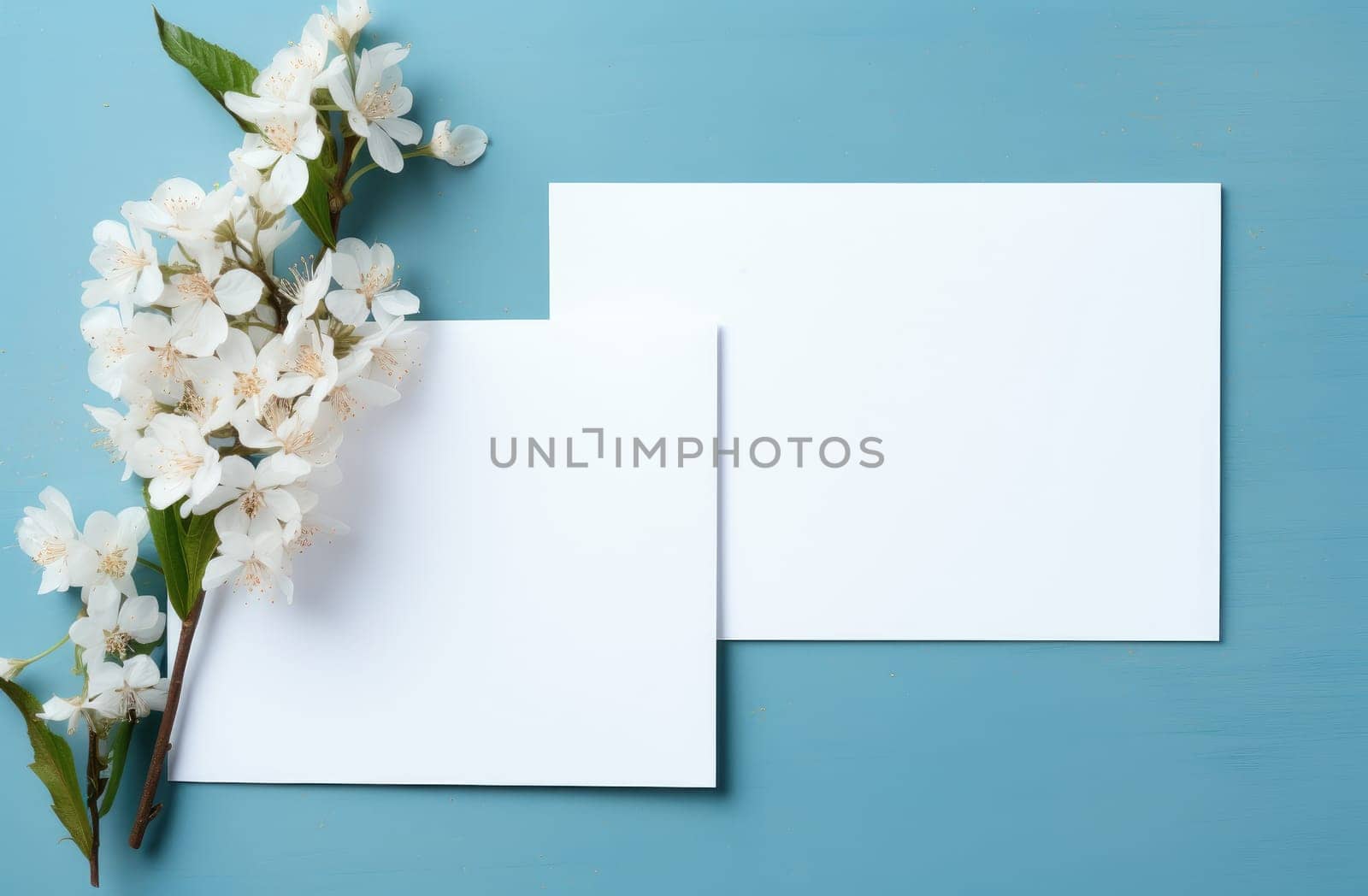 two white blank wedding cards on a blue background.