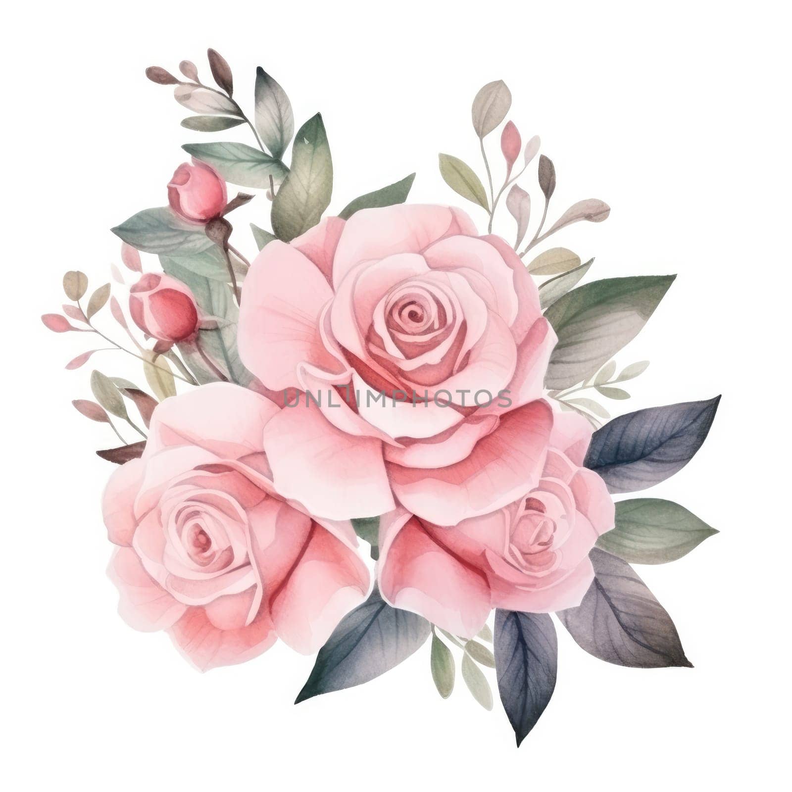 Watercolor pink rose flower and leaf bouquet clipart isolated.