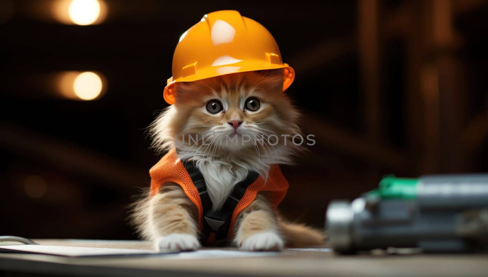 kitten wearing helmet for work.