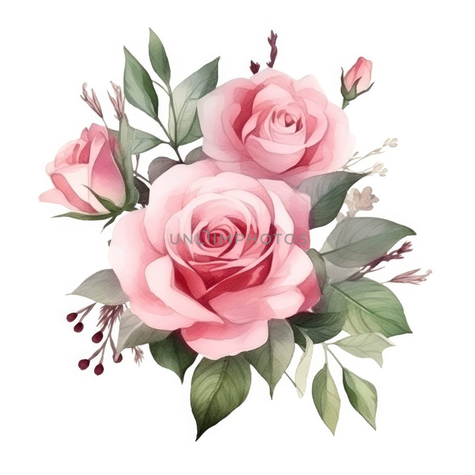 Watercolor pink rose flower and leaf bouquet clipart isolated.