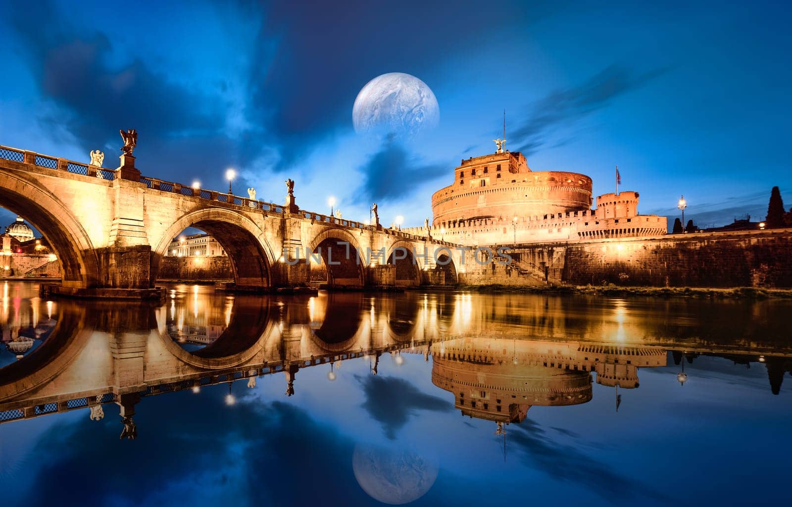 Saint Angel Castle and bridge over the Tiber river in Rome, Italy