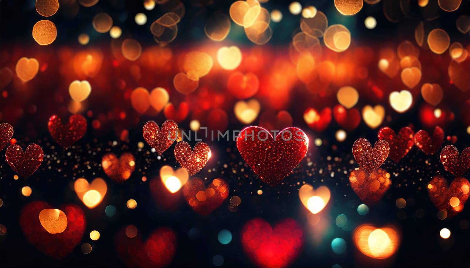 Valentine's day background with hearts and bokeh lights. AI generated