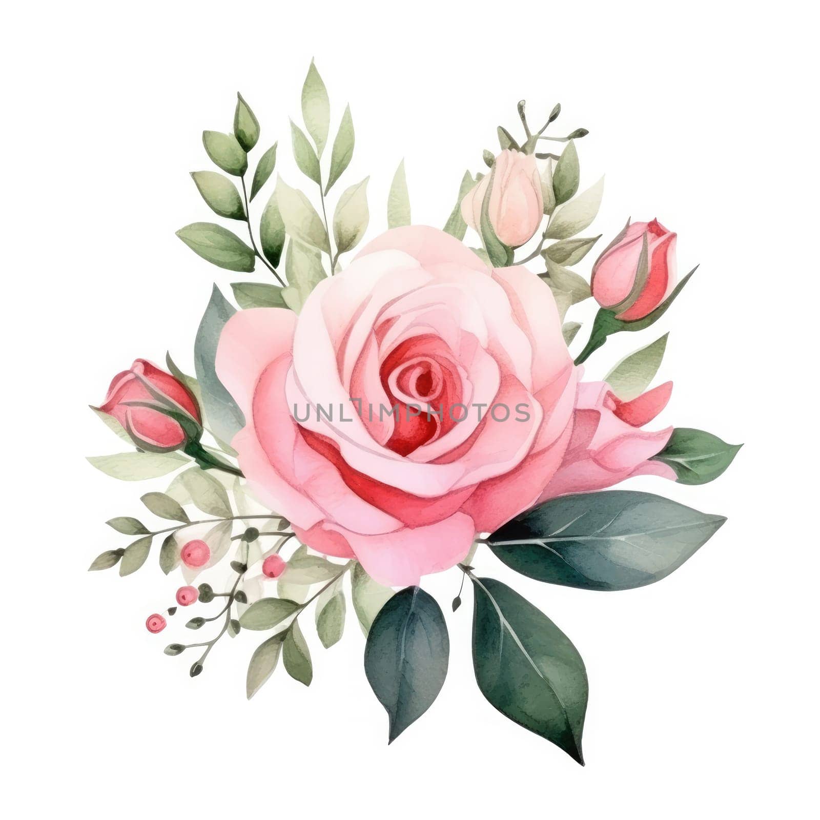 Watercolor pink rose flower and leaf bouquet clipart isolated.