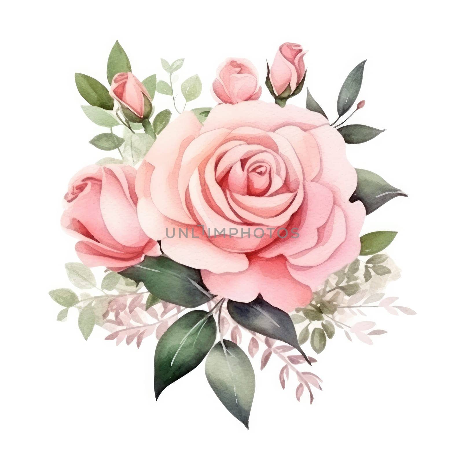 Watercolor pink rose flower and leaf bouquet clipart isolated.