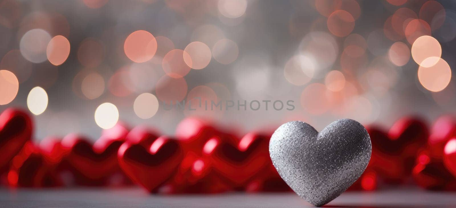 red heart balloons falling against a red backdrop.