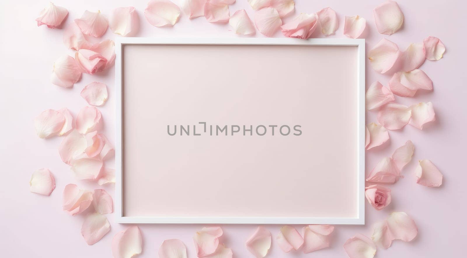 the frame surrounded by pink rose petals and some blank space.