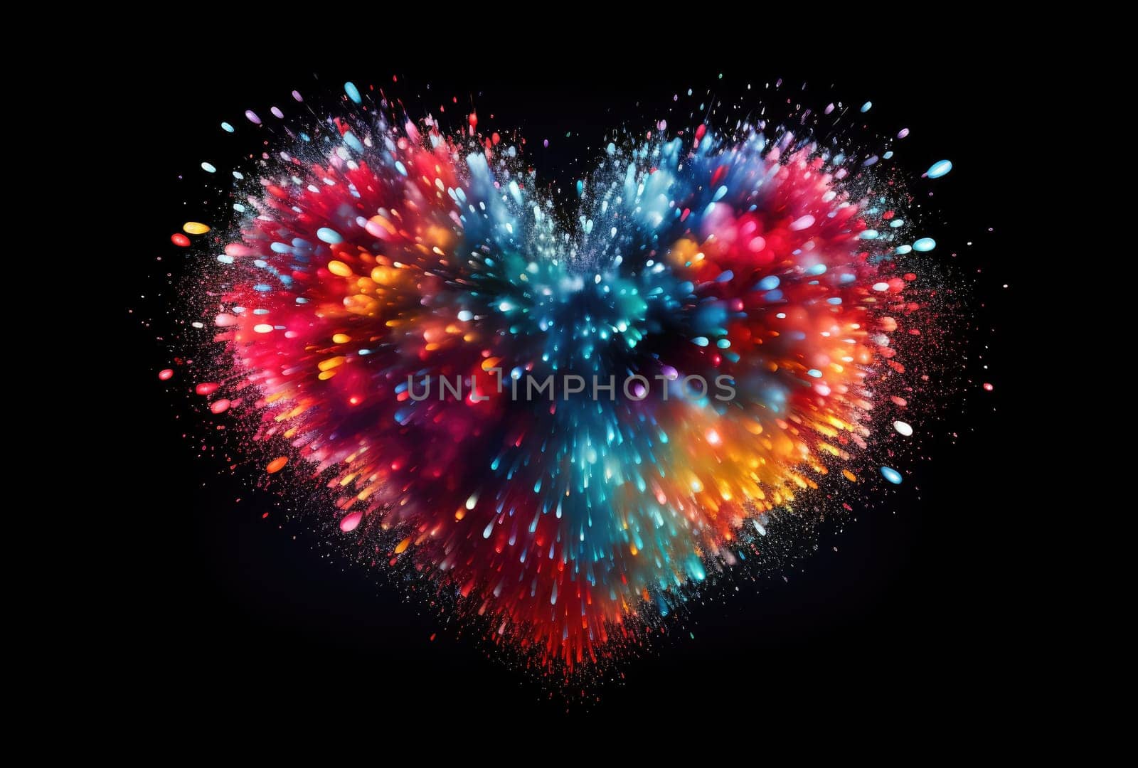 the heart shaped fireworks on the black background.