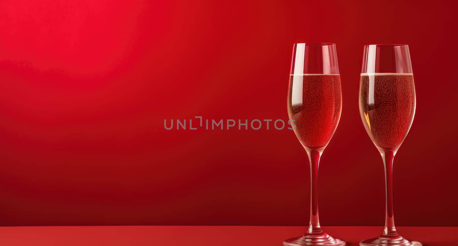 two glasses of champagne and a heart are on red background.