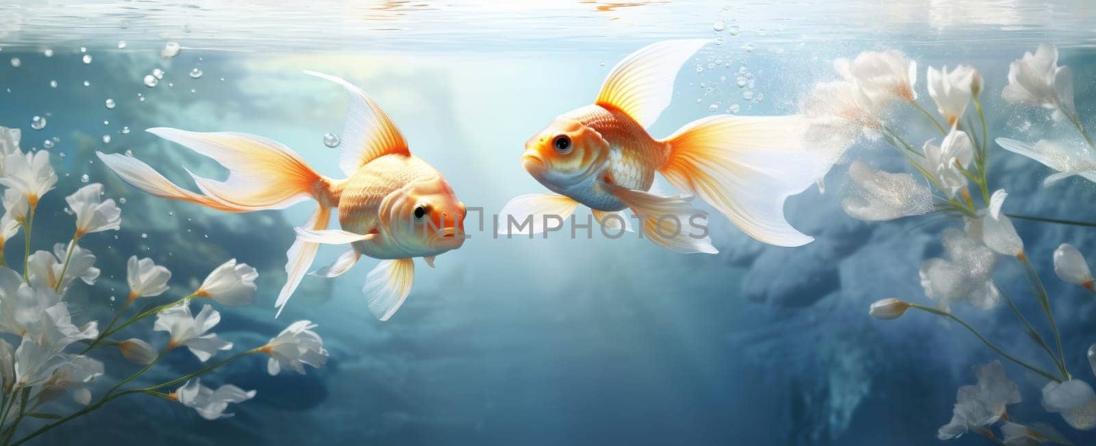 two goldfish swimming under a pond with water falling.