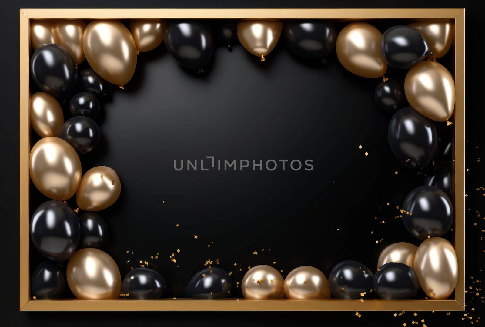 a photo frame using black and gold balloons.