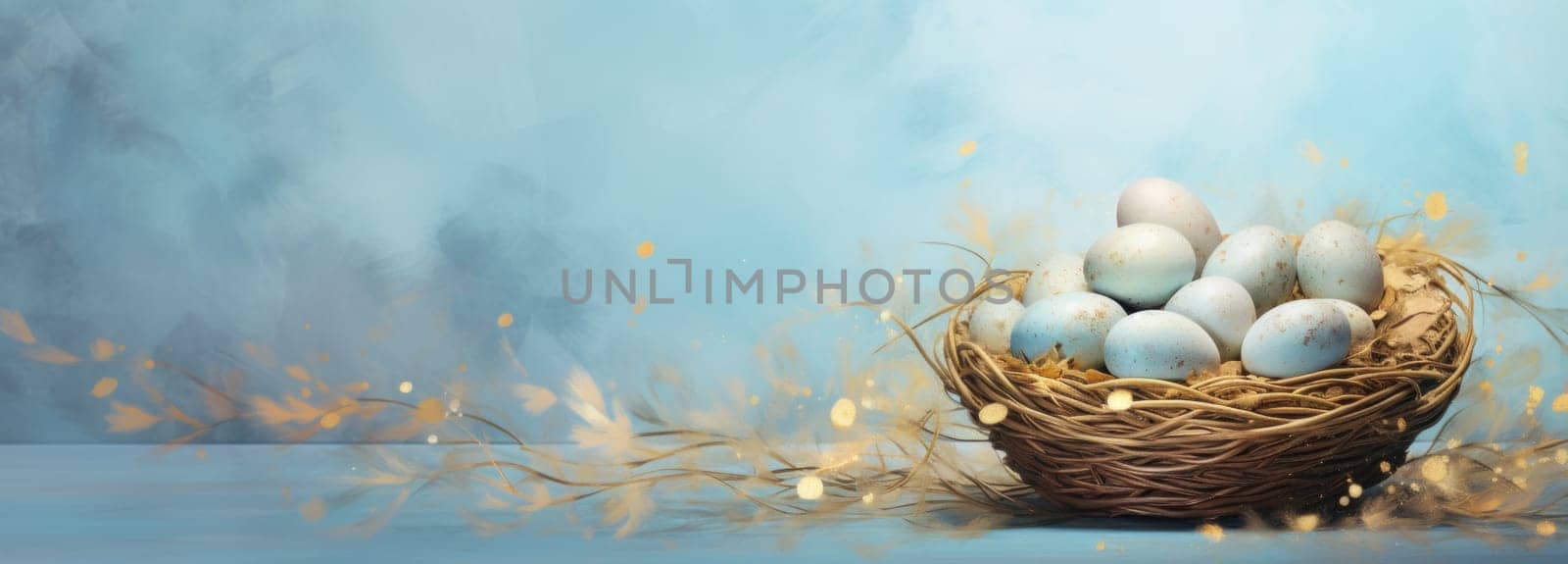 a basket of blue eggs is placed on a blue background.