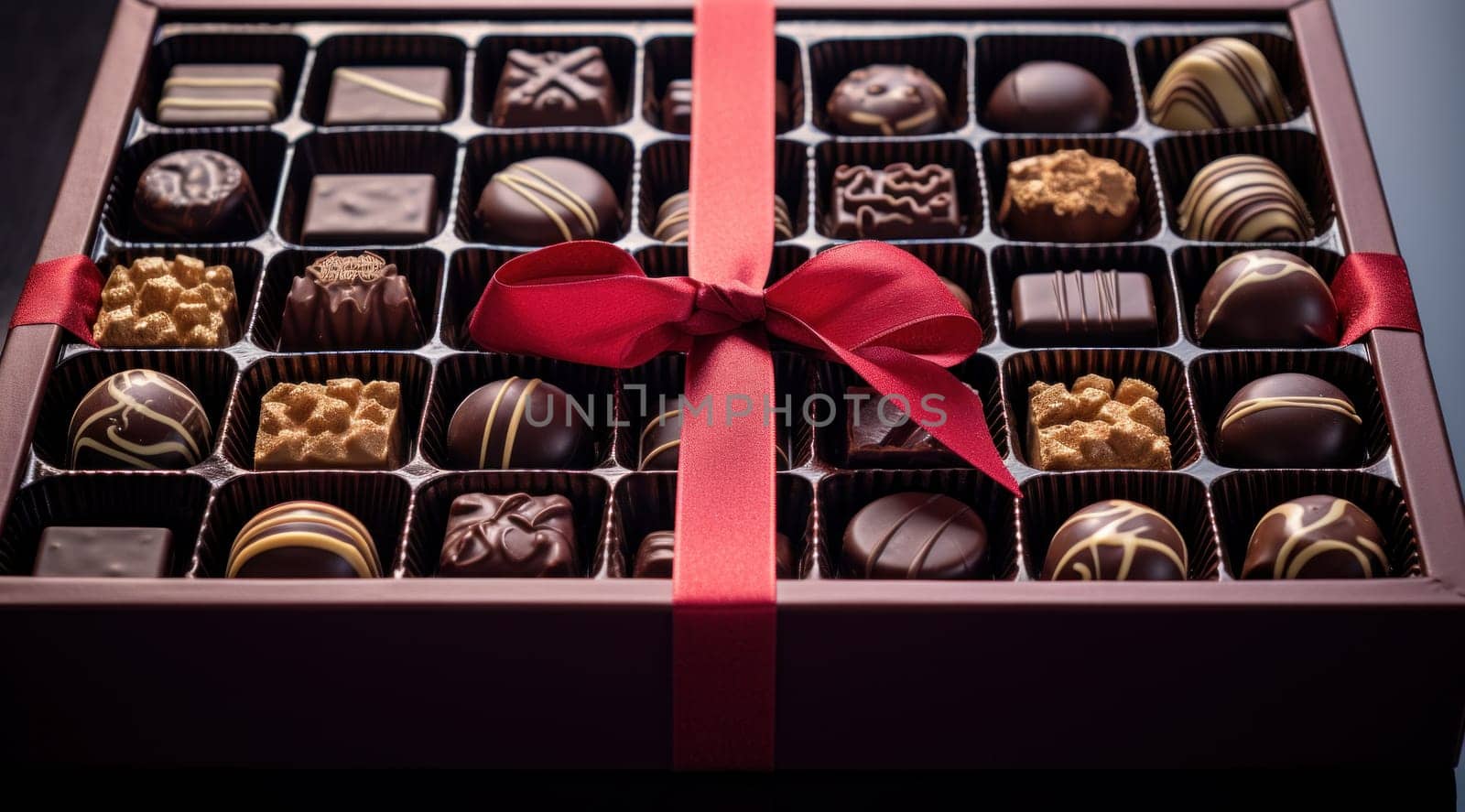 a box filled with chocolates and a ribbon.
