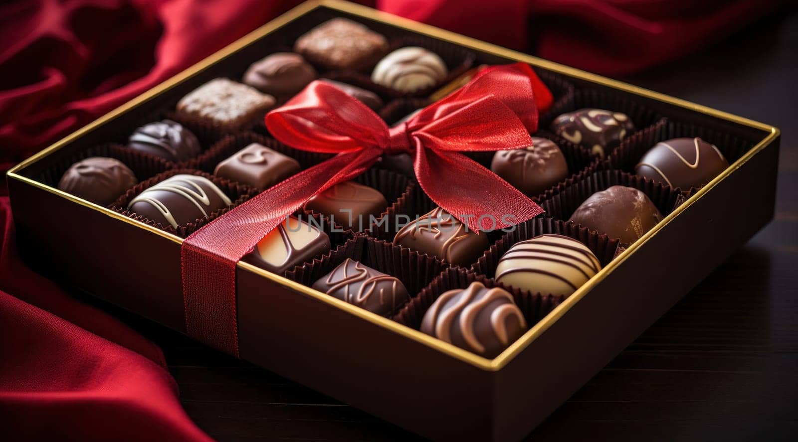 a box filled with chocolates and a ribbon.