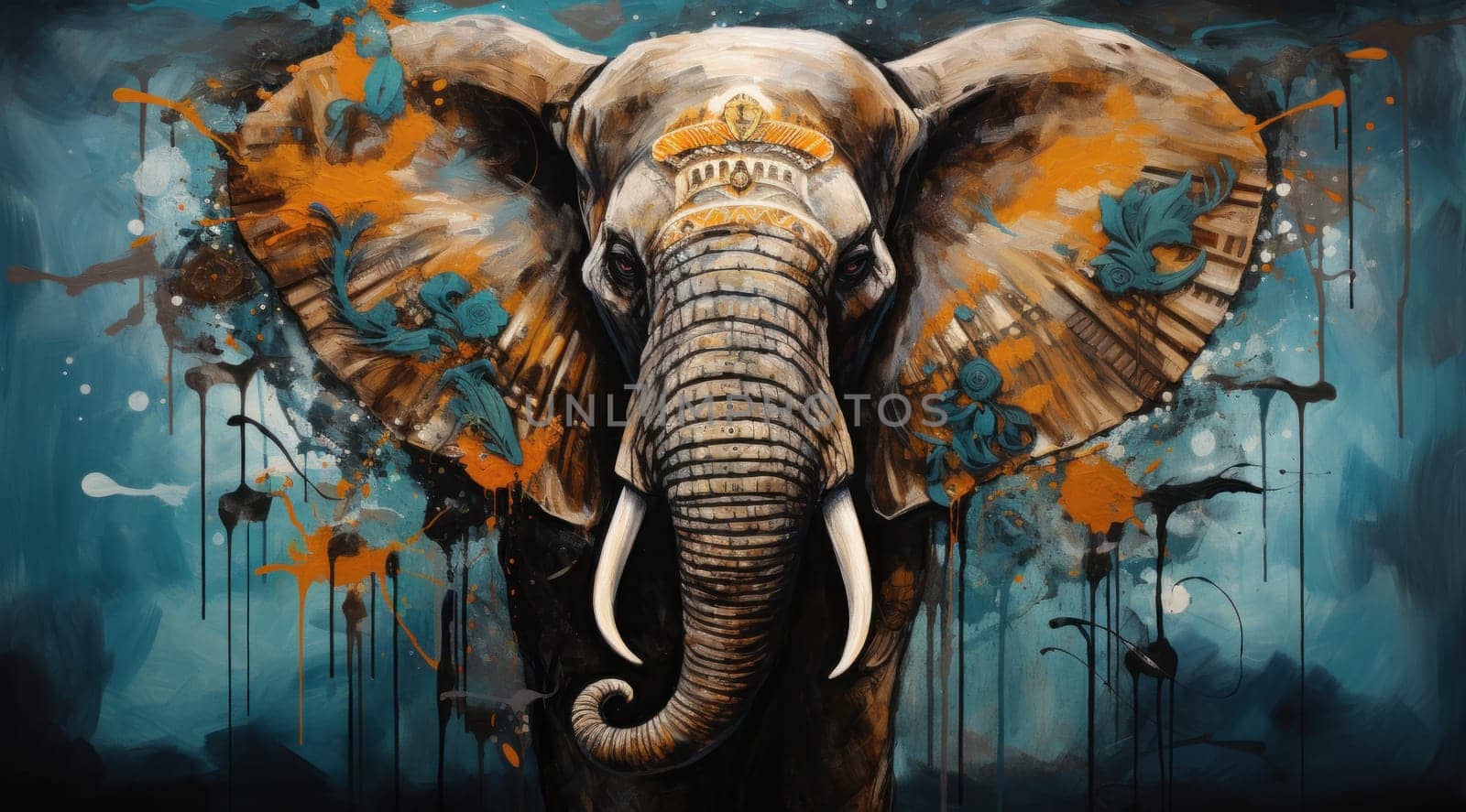 a tattooed elephant with feathers hanging around its head.