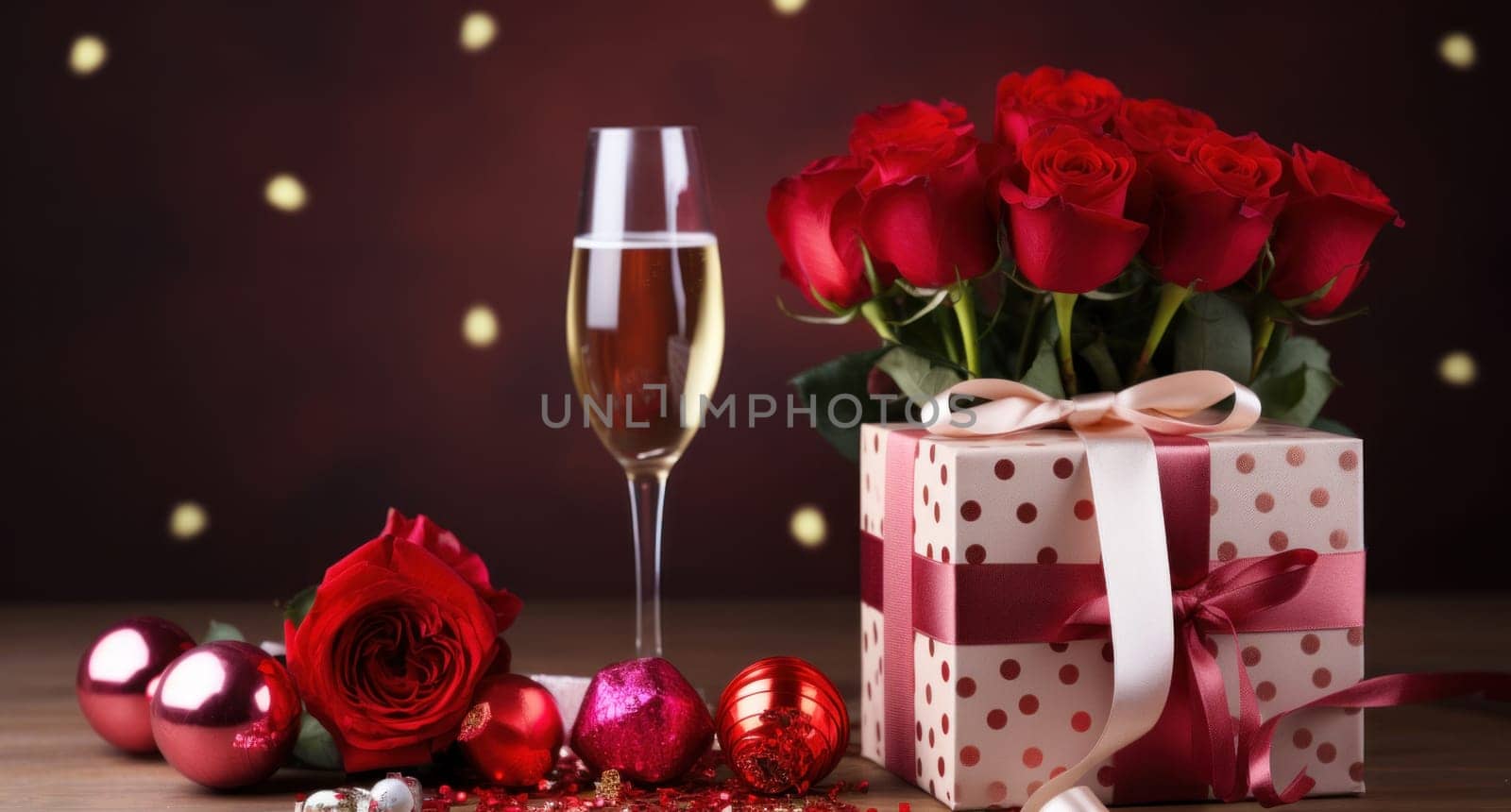 a box of wine and red rose sit next to a red balloon.