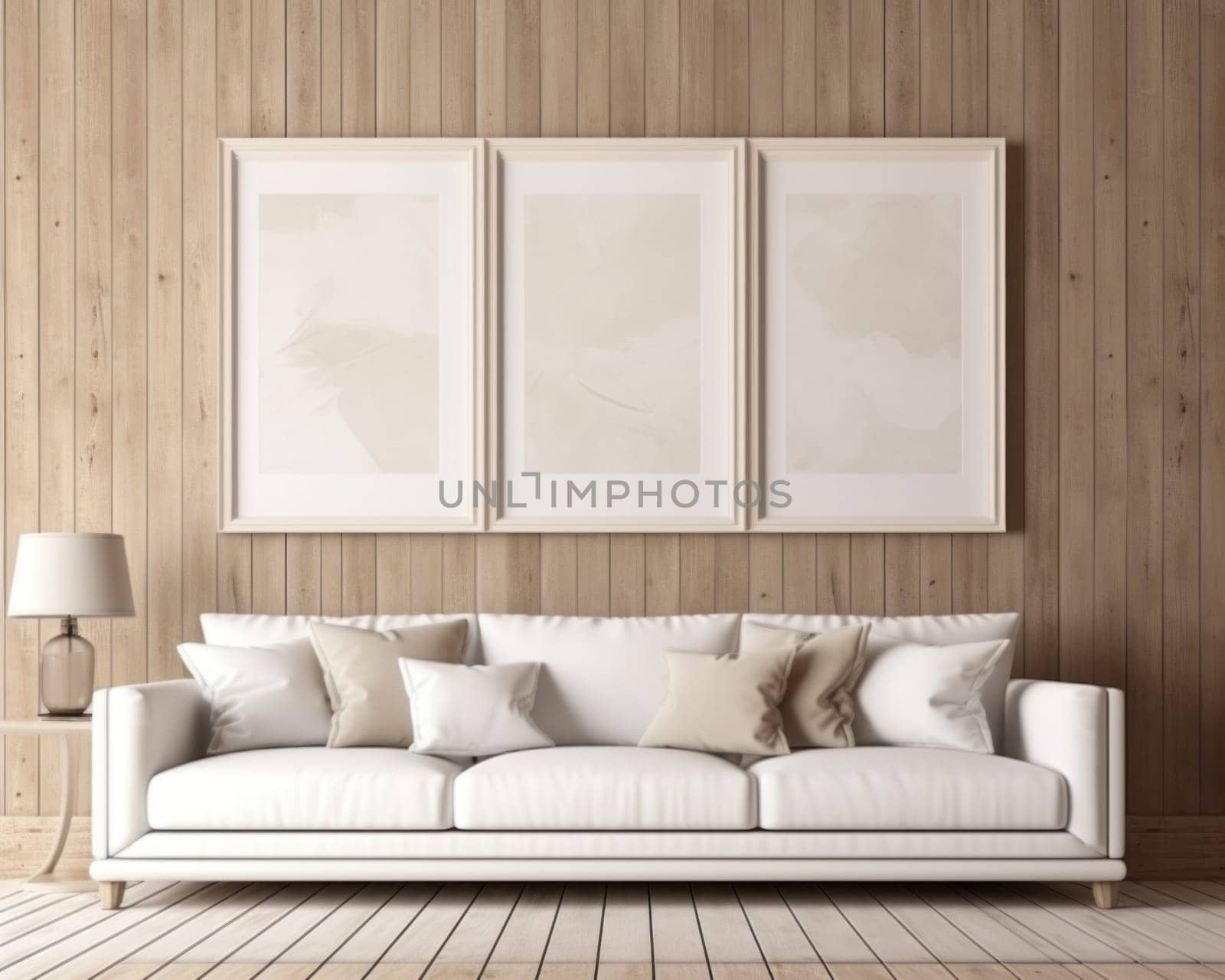 a white sofa is in the room.