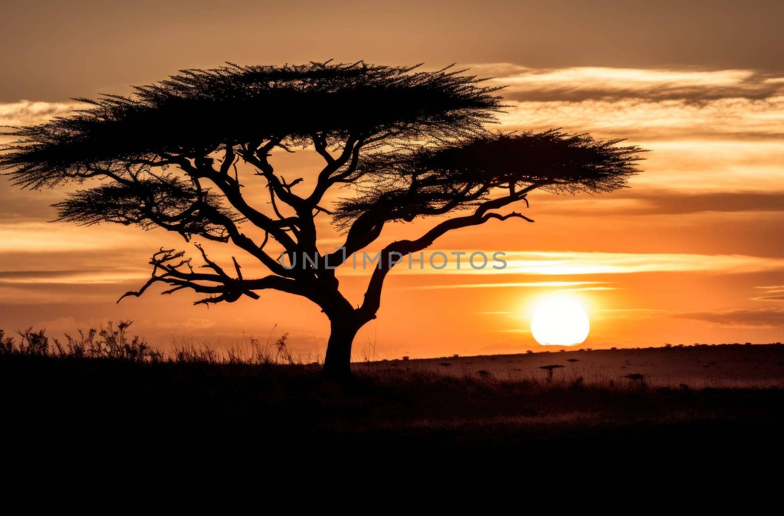 a black and white sunset scene with the silhouette of an acacia tree.