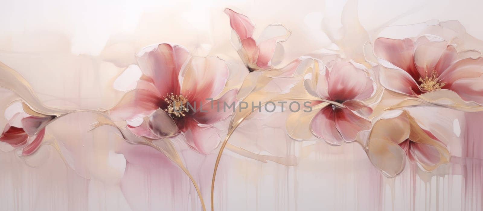 a painting of pink flowers on white surface.