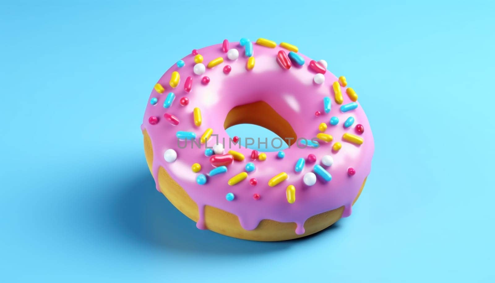 a colorful donut on a blue background.