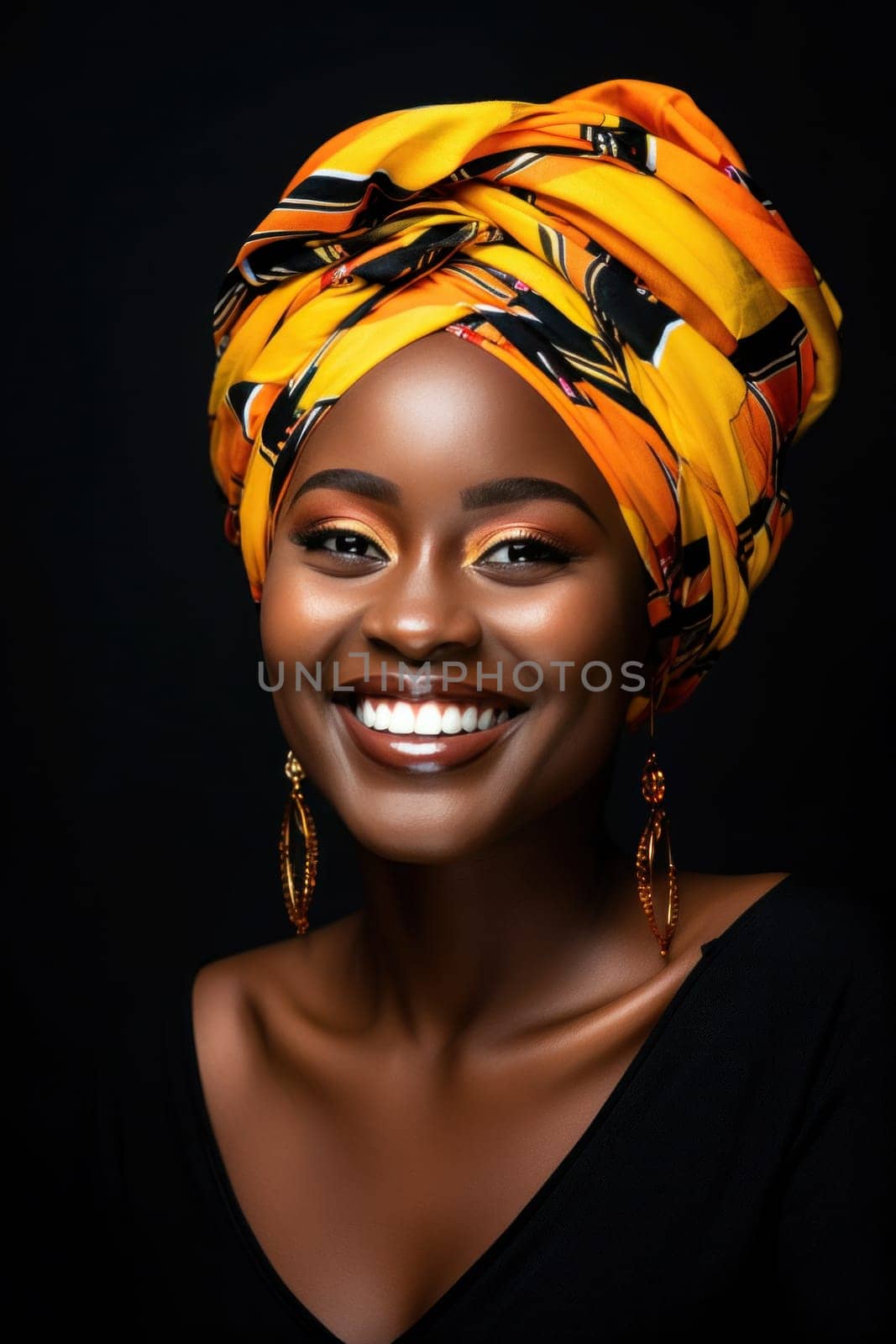 a woman with colorful top and headscarf smiling.