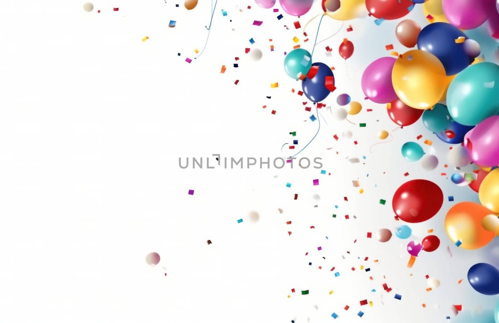 colorful balloons and birthday gift on a white table,.
