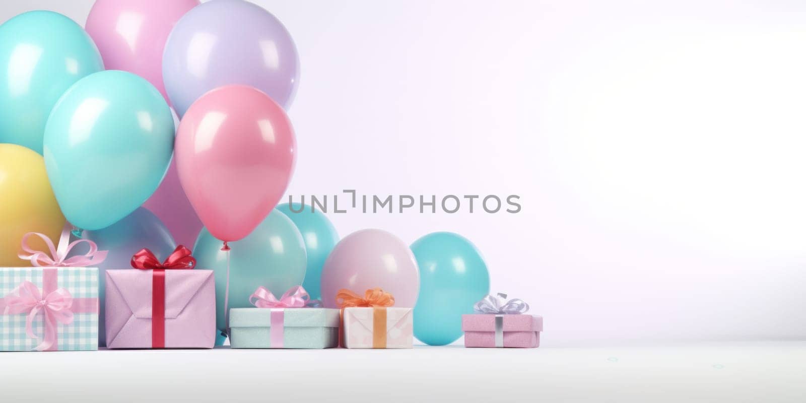 colorful balloons and birthday gift on a white table,.