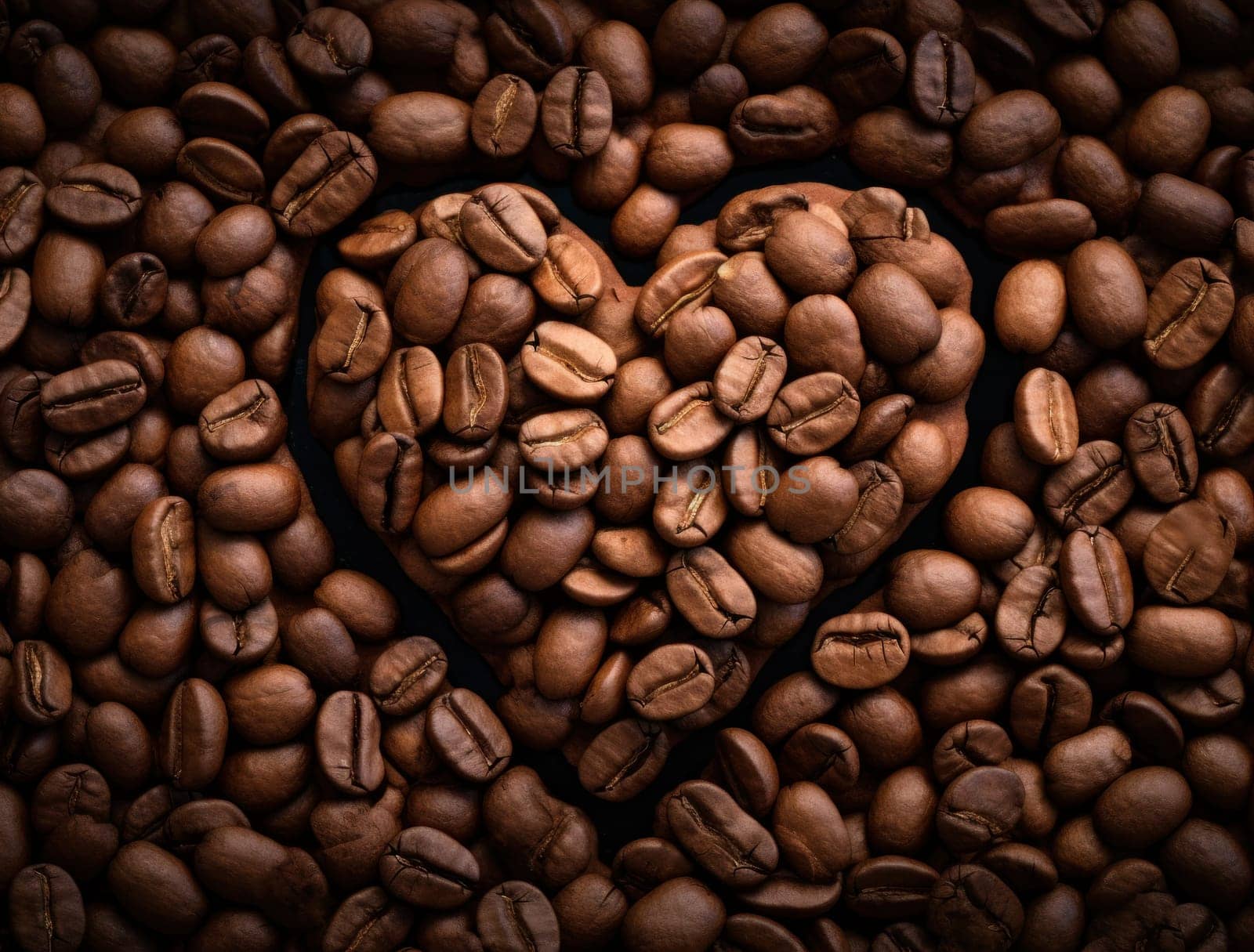 heart formed out of roasted coffee beans.