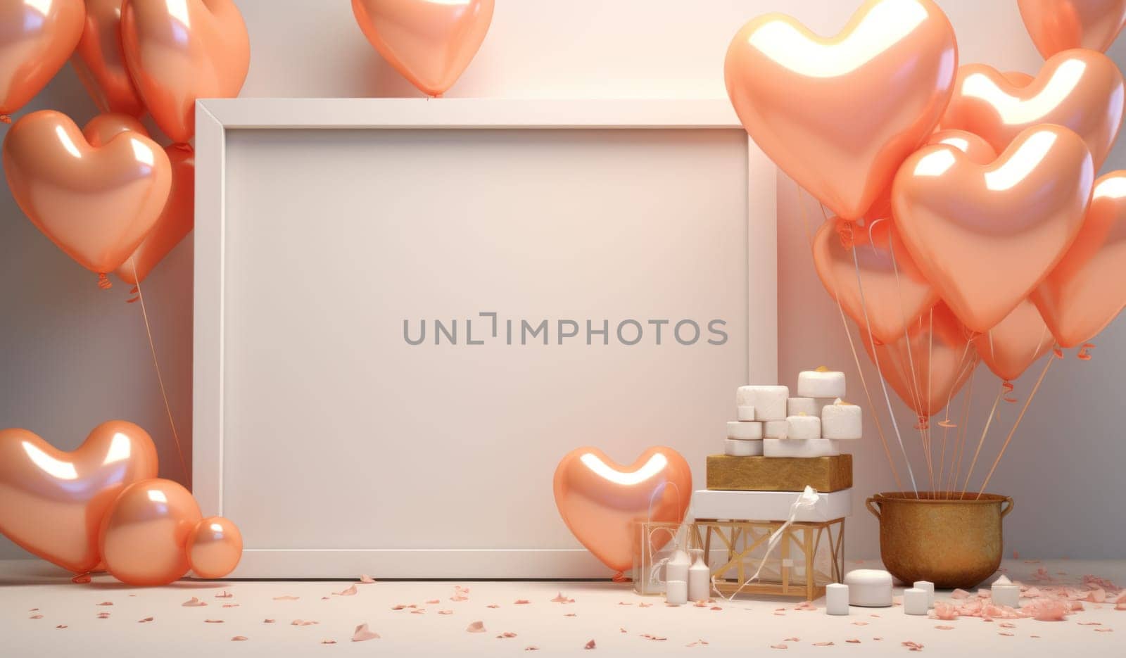 champagne heart, balloons and gold frame with gold heart background.
