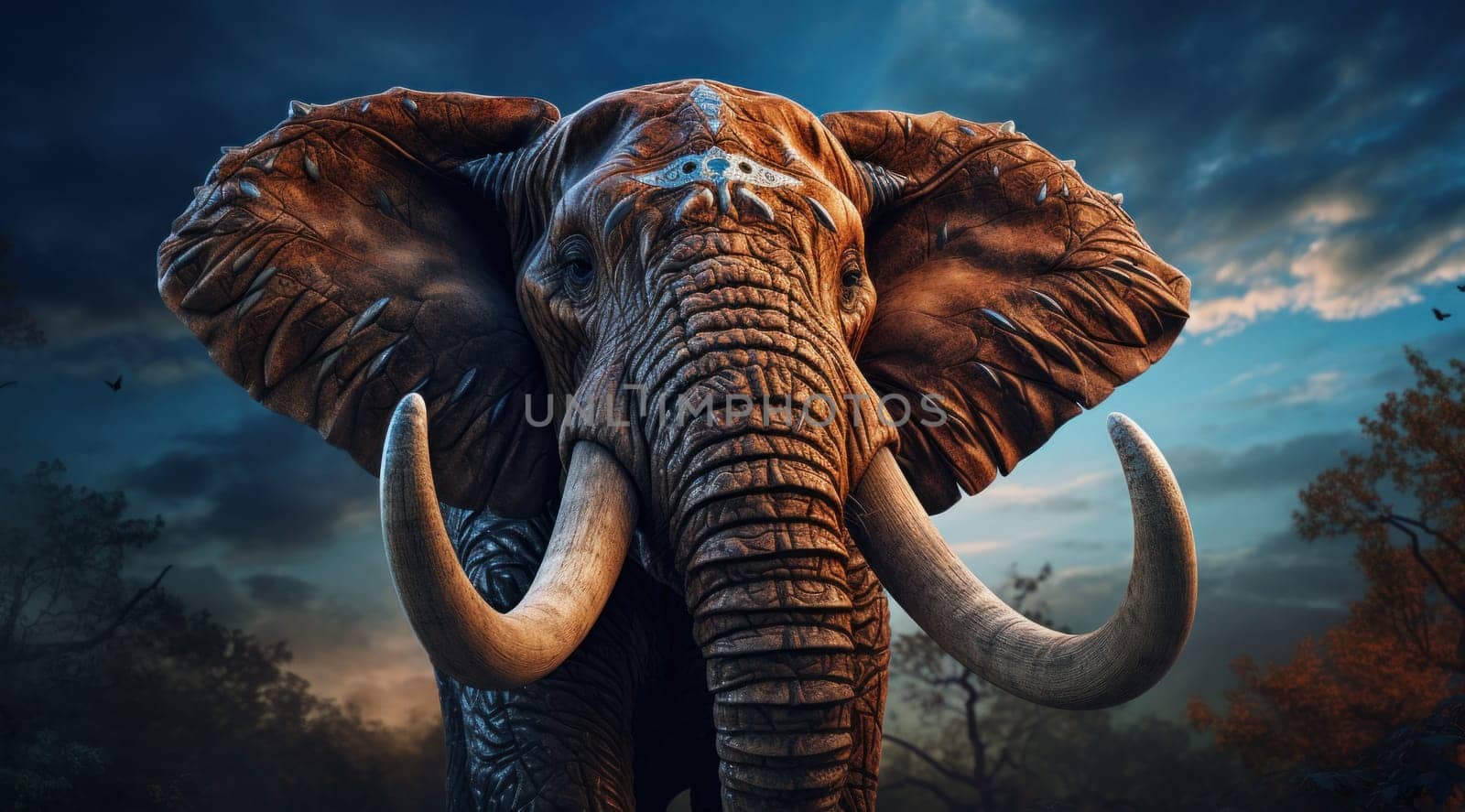 an elephant in tusks with white feathers.