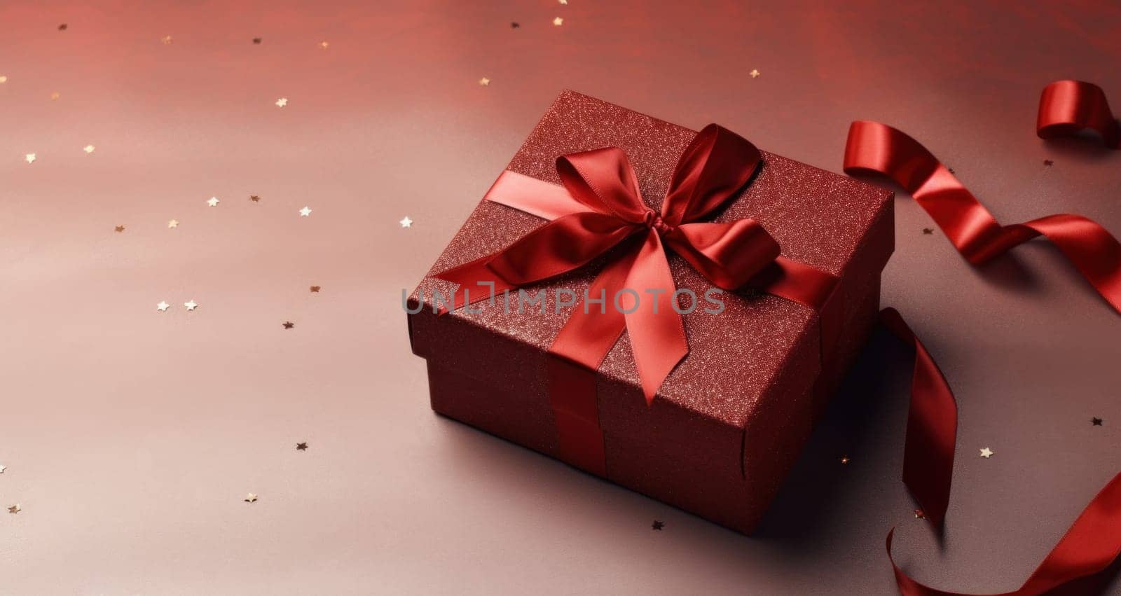 an empty gift box with red ribbon and bow.