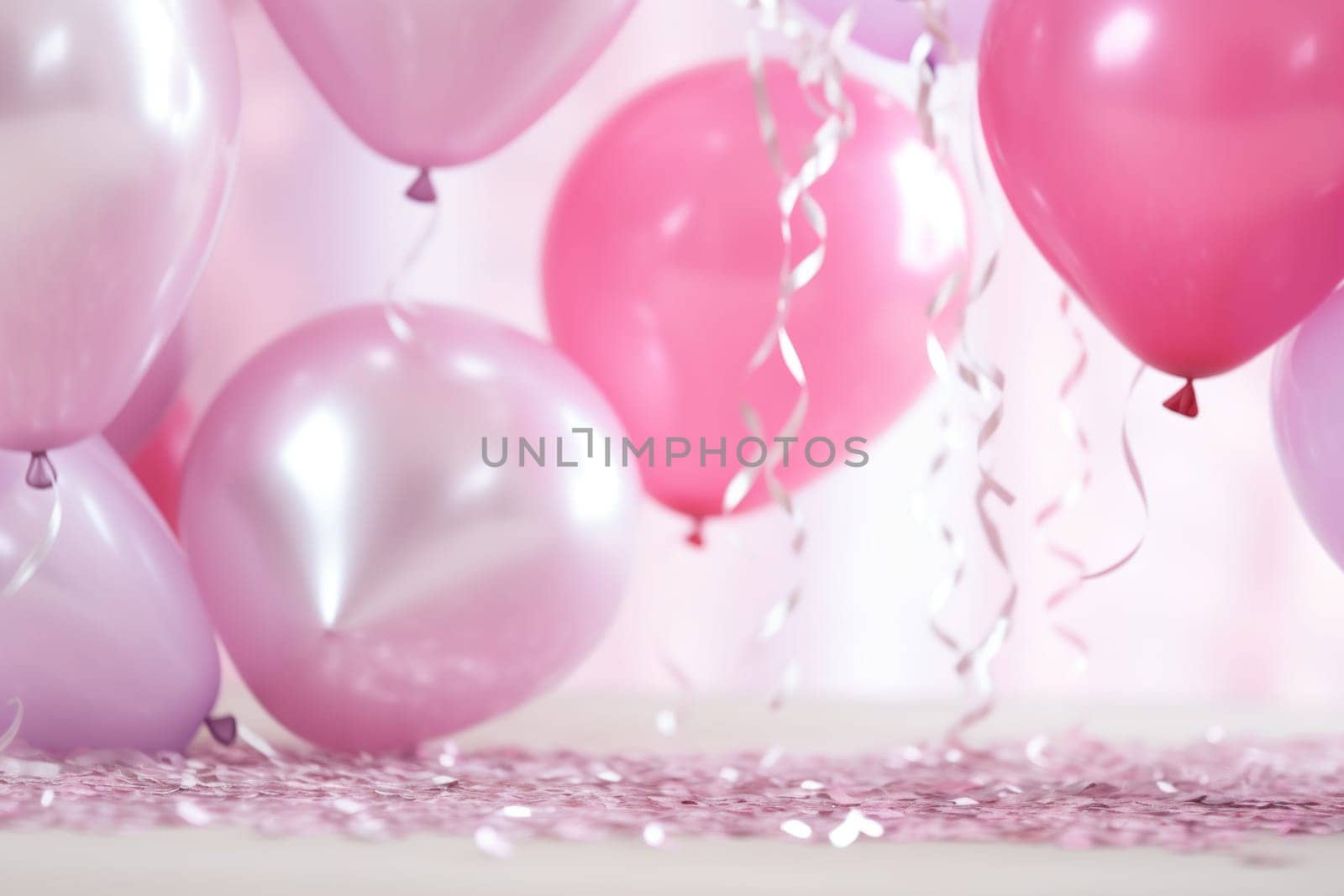 many heart heart foil balloons surrounding pink confetti.