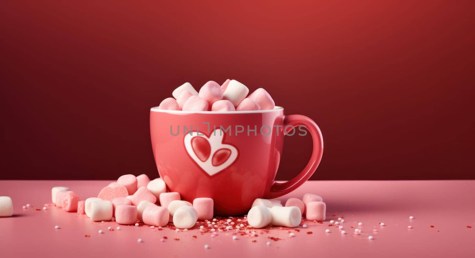 an mug containing red hot cocoa and mini marshmallows.