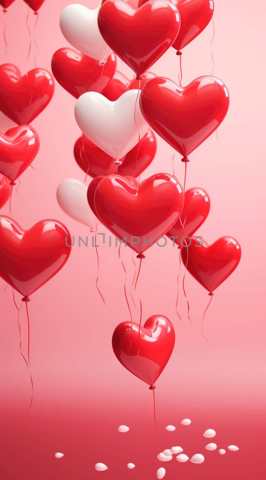 red heart balloons falling against a red backdrop.