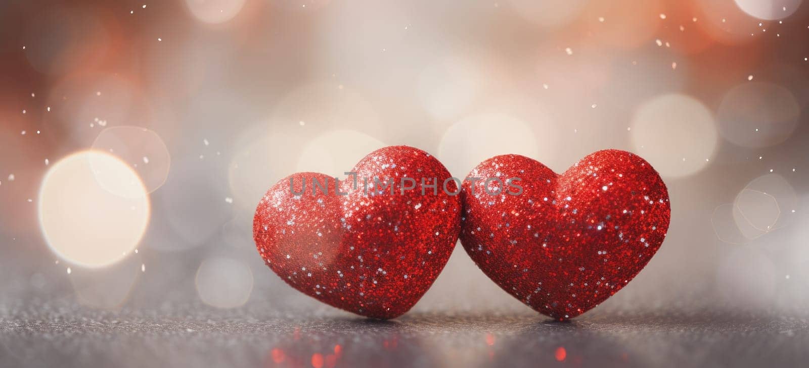 red heart balloons falling against a red backdrop.