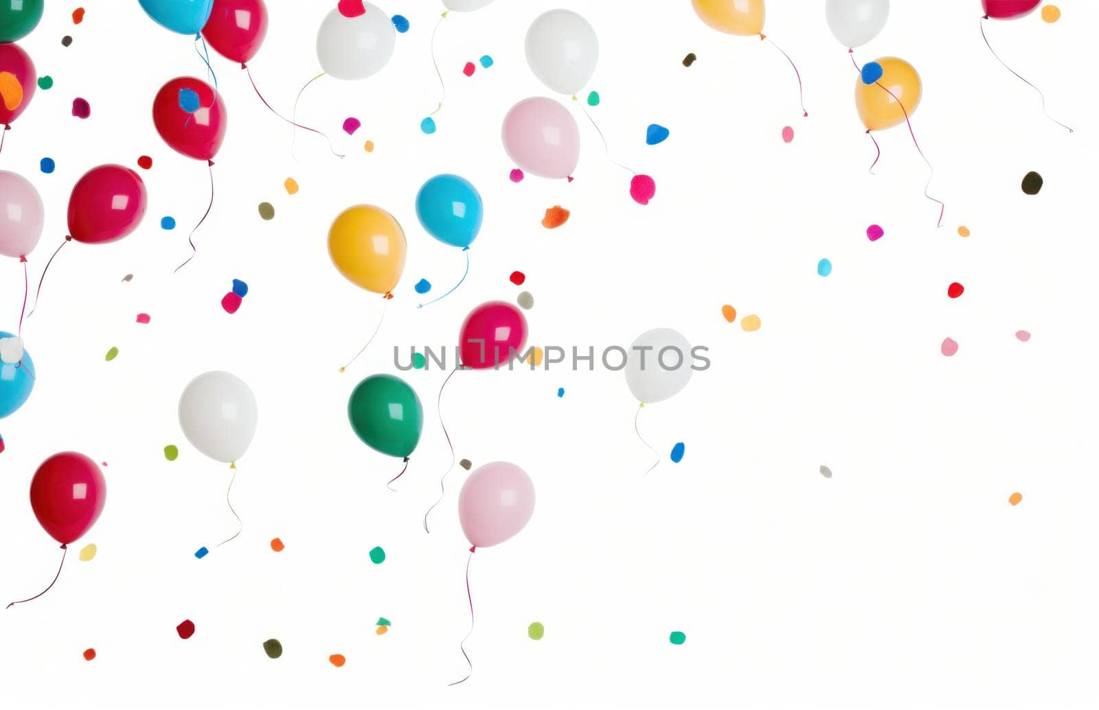 colorful multi color confetti balloons floating over white background.