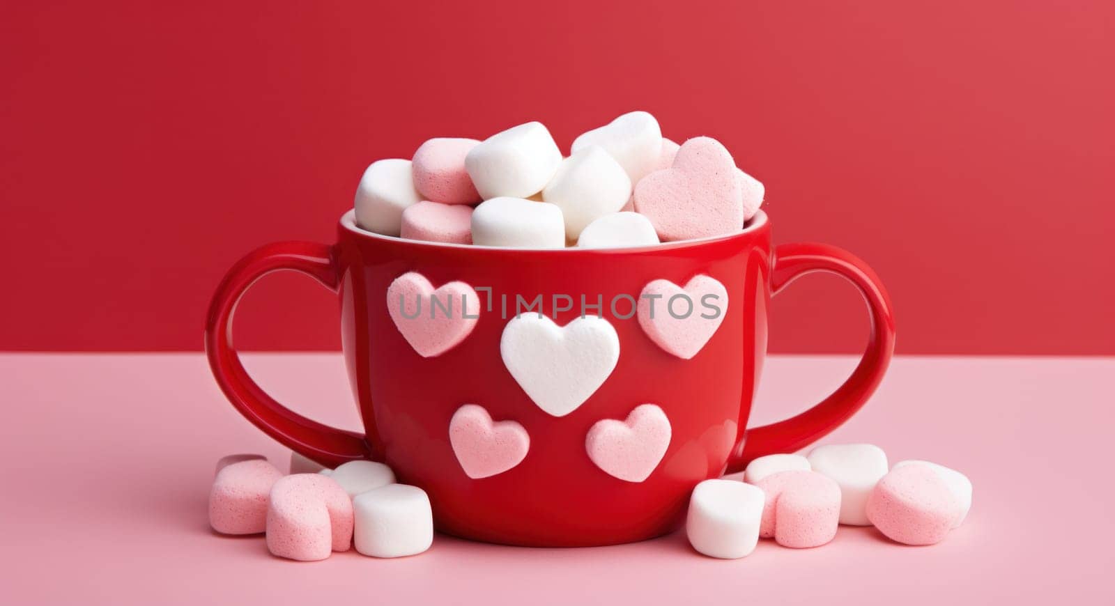 hot chocolate with marshmallows in red cup.