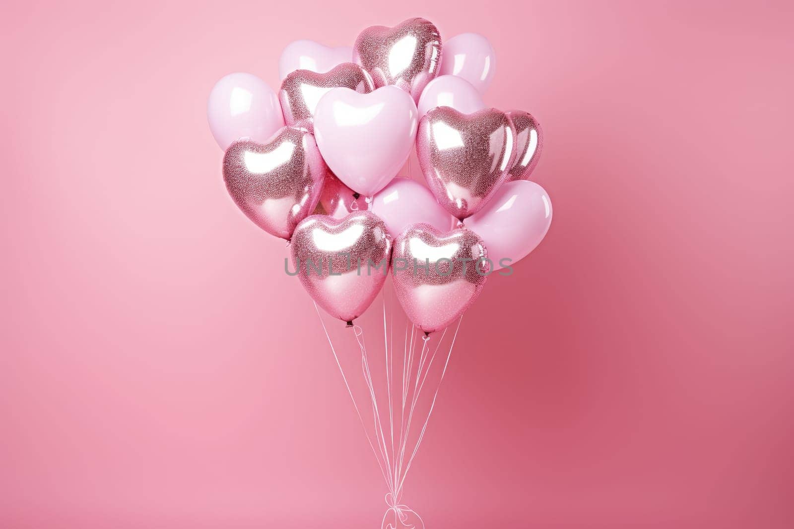 pink, white and silver heart balloons on pink background.