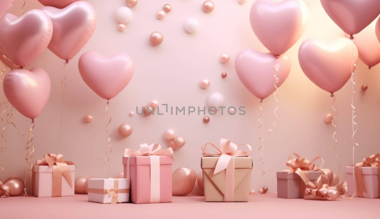 pink background with heart shape on it and gifts.