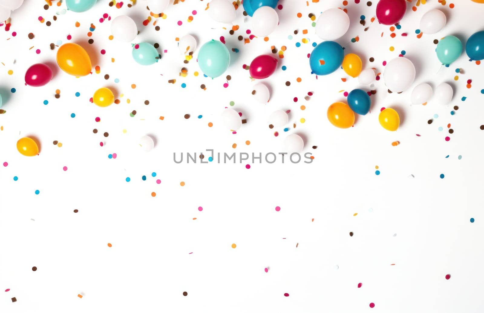 colorful multi color confetti balloons floating over white background.