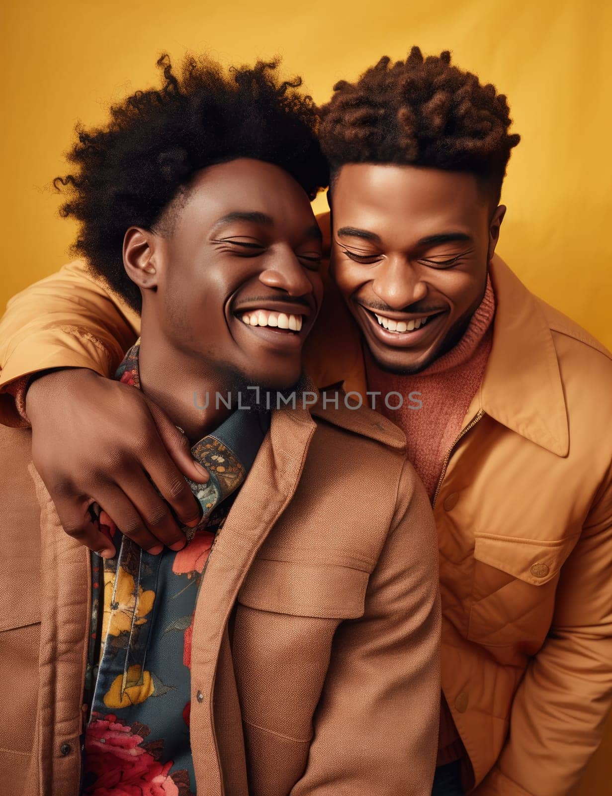 two black Americans hugging and smiling on a brown background.