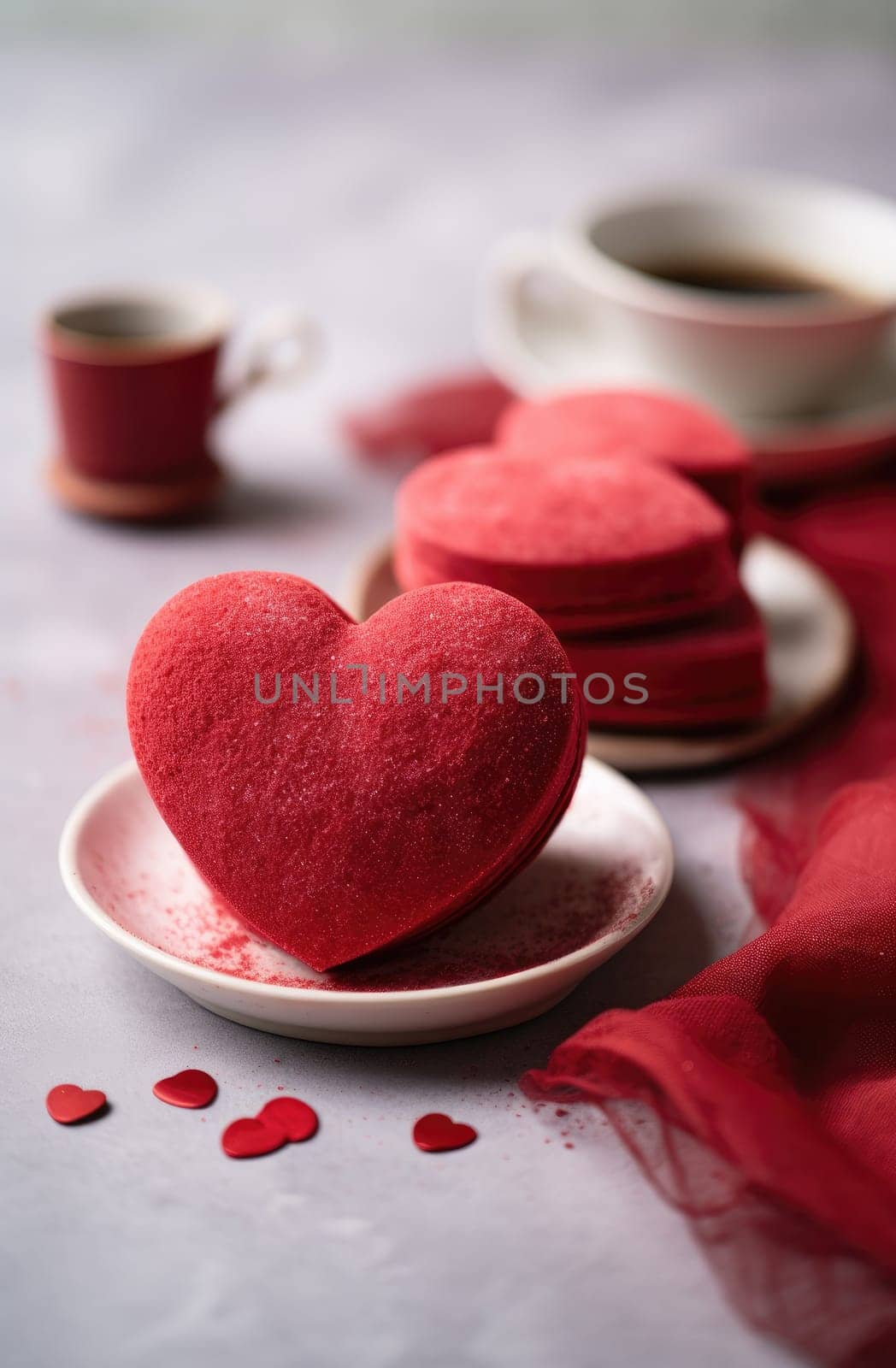 two red heart shaped cakes sitting on a table with red powder.
