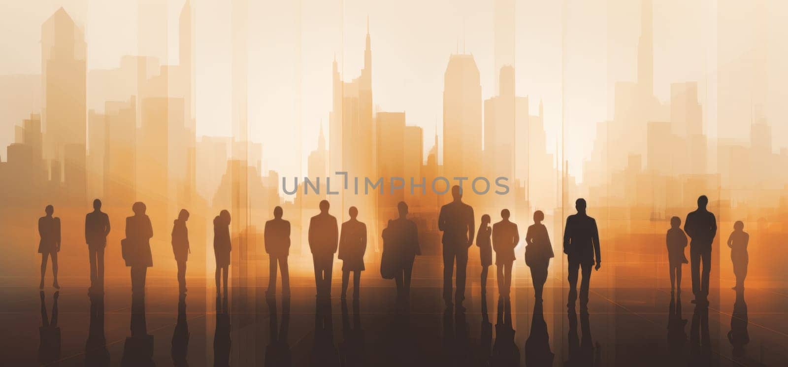 group of people standing together close to a city in silhouette.