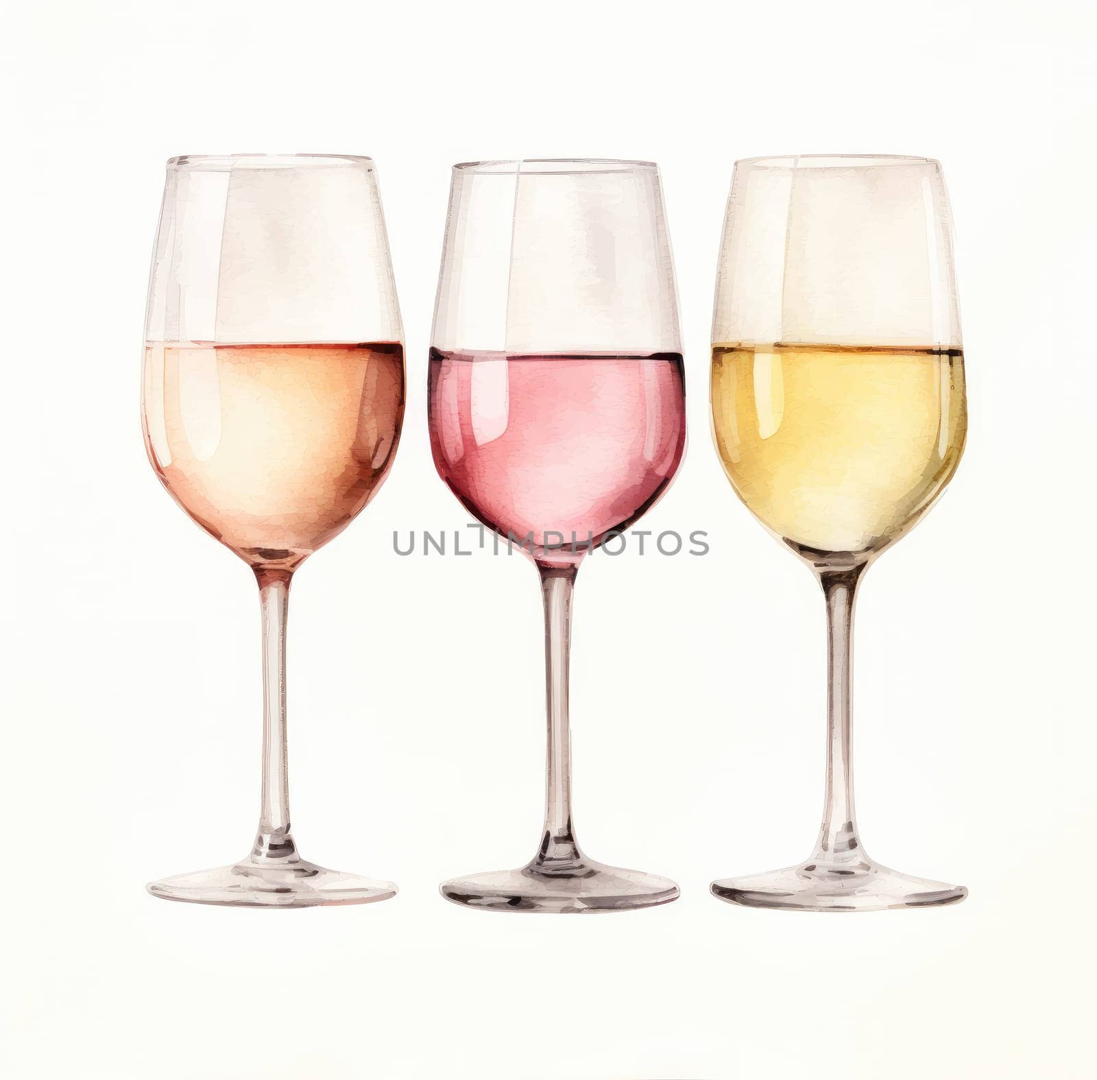 three glasses of wine drawn in watercolor.